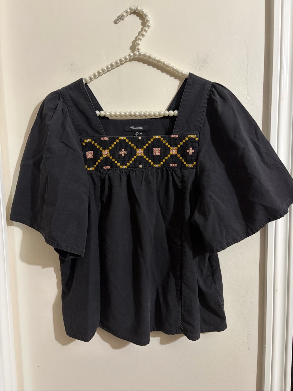 Madewell Black Square Neck Puff Sleeve Top with Embroidered Yoke